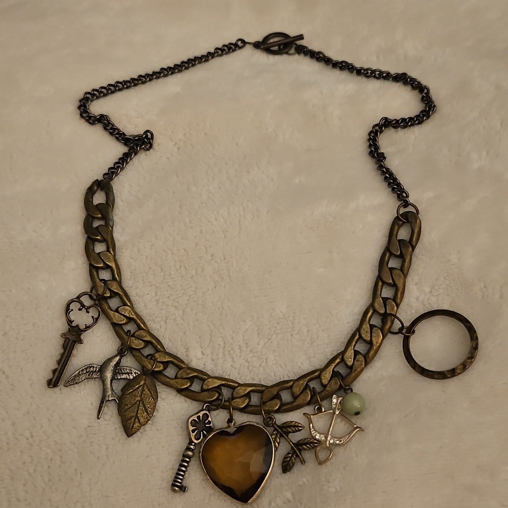 Vintage Bronze Heart Key Bird Leaves Charm Boho Chain Necklace - Picture 2 of 8